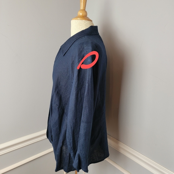 TALBOTS Navy Blue 100% Irish Linen Button Down Patch Pocket Ruffle Cuff Blouse - Picture 10 of 10